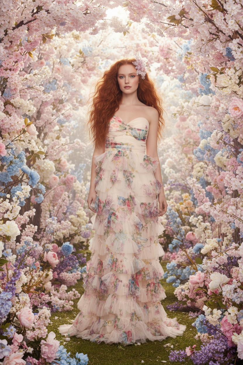 Modelo con vestido floral en ambiente primaveral