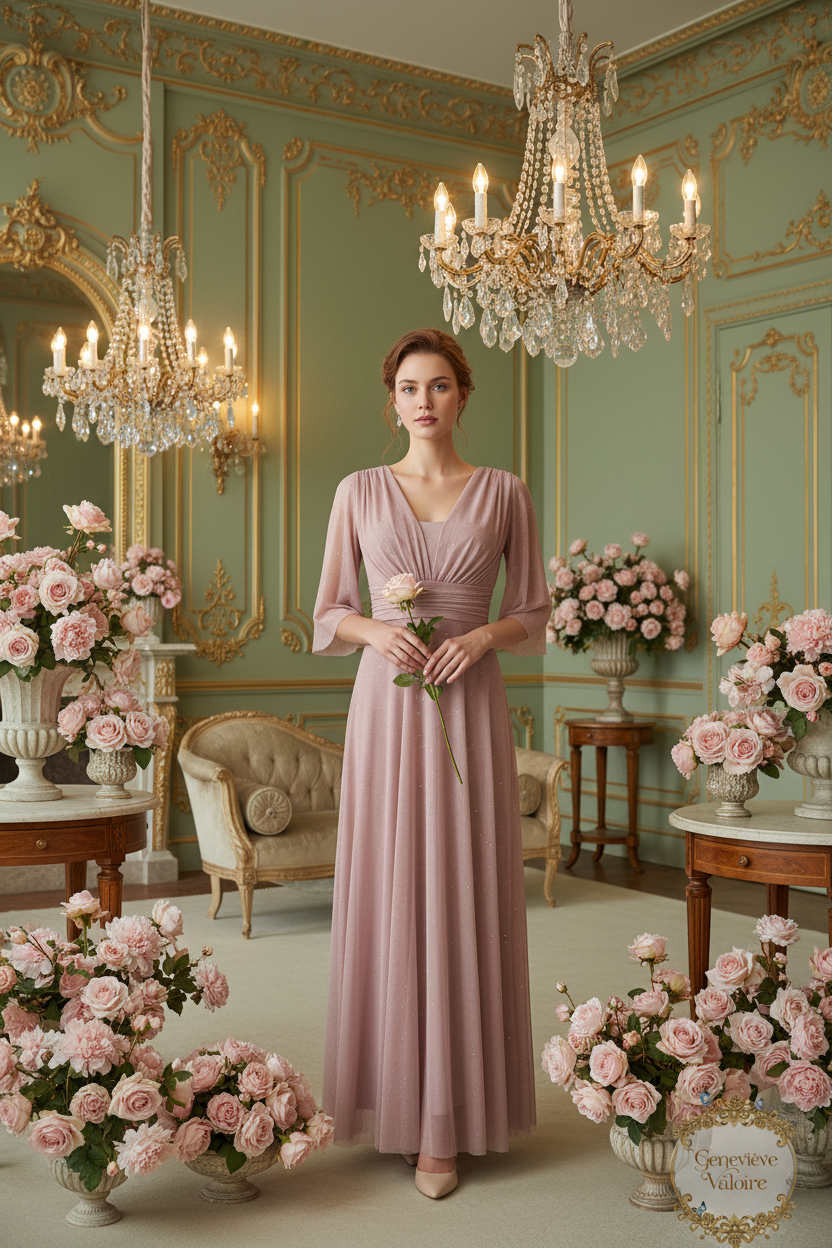 Modelo con vestido rosa estilo Bridgerton