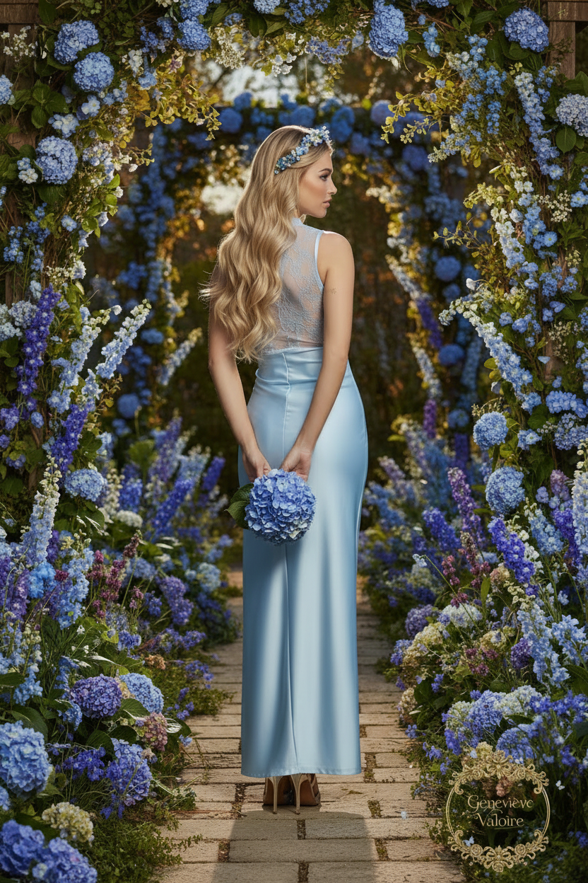 Modelo en jardín con vestido azul y logo translúcido