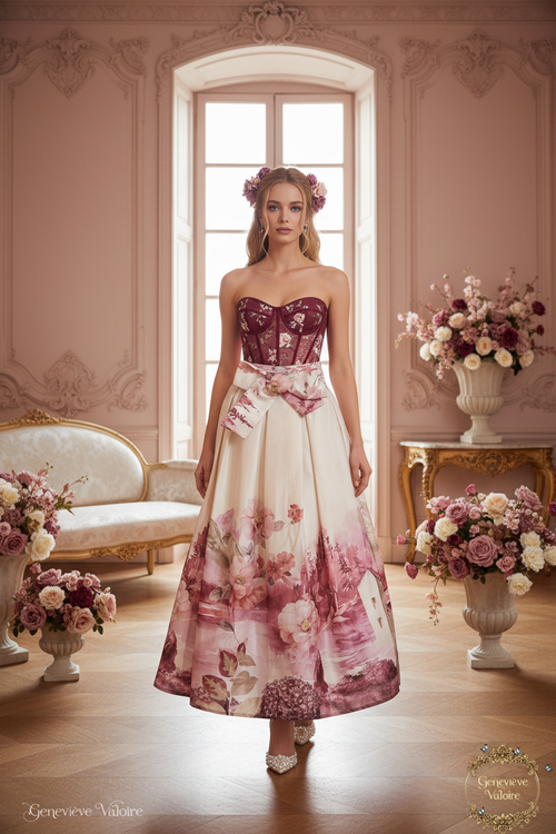 Modelo rubia con falda floral y body burdeos - longitud corregida