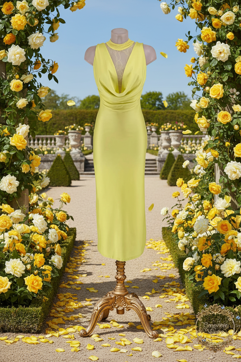 Vestido amarillo chartreuse maniquí barroco jardín Versalles