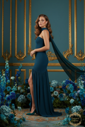 Vestido azul petróleo con marca de agua Geneviève Valoire