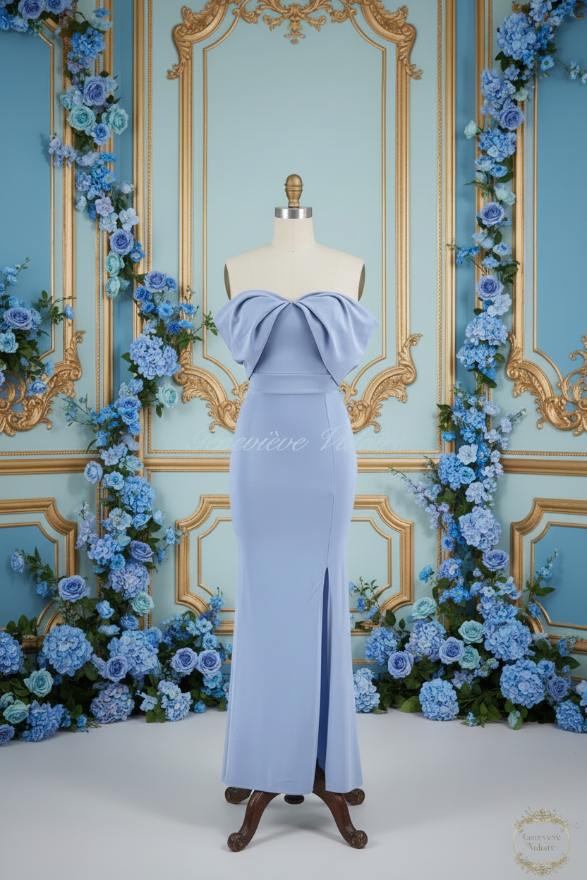 Vestido celeste maniquí época Bridgerton