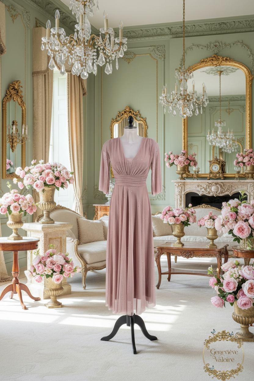 Vestido rosa en maniquí estilo Bridgerton